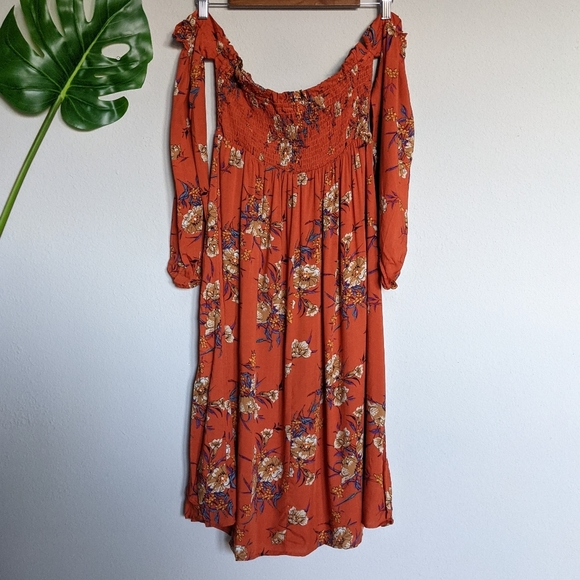 Orange floral print shirred off the shoulder long sleeve dress - Picture 9 of 11